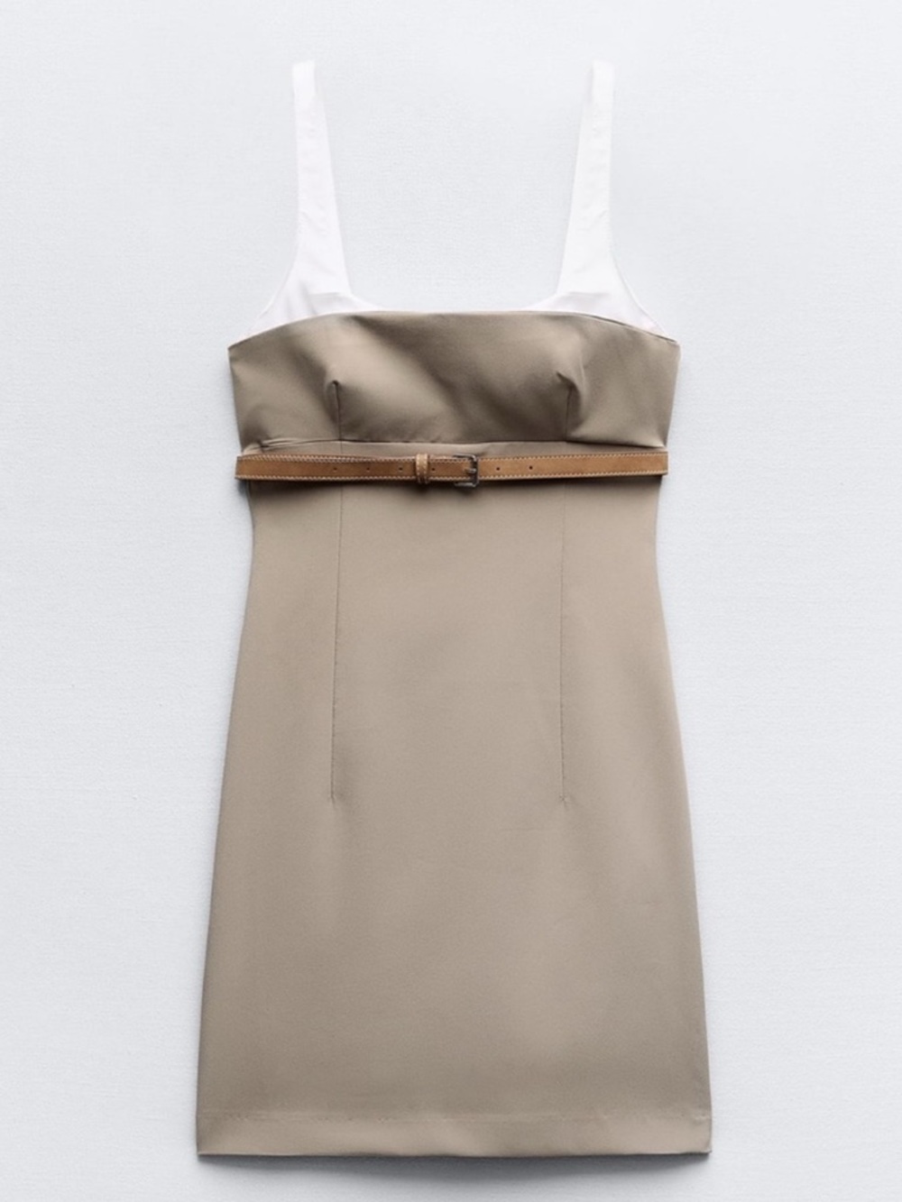 Zara Beige Mini Dress with White Straps and Tan Belt